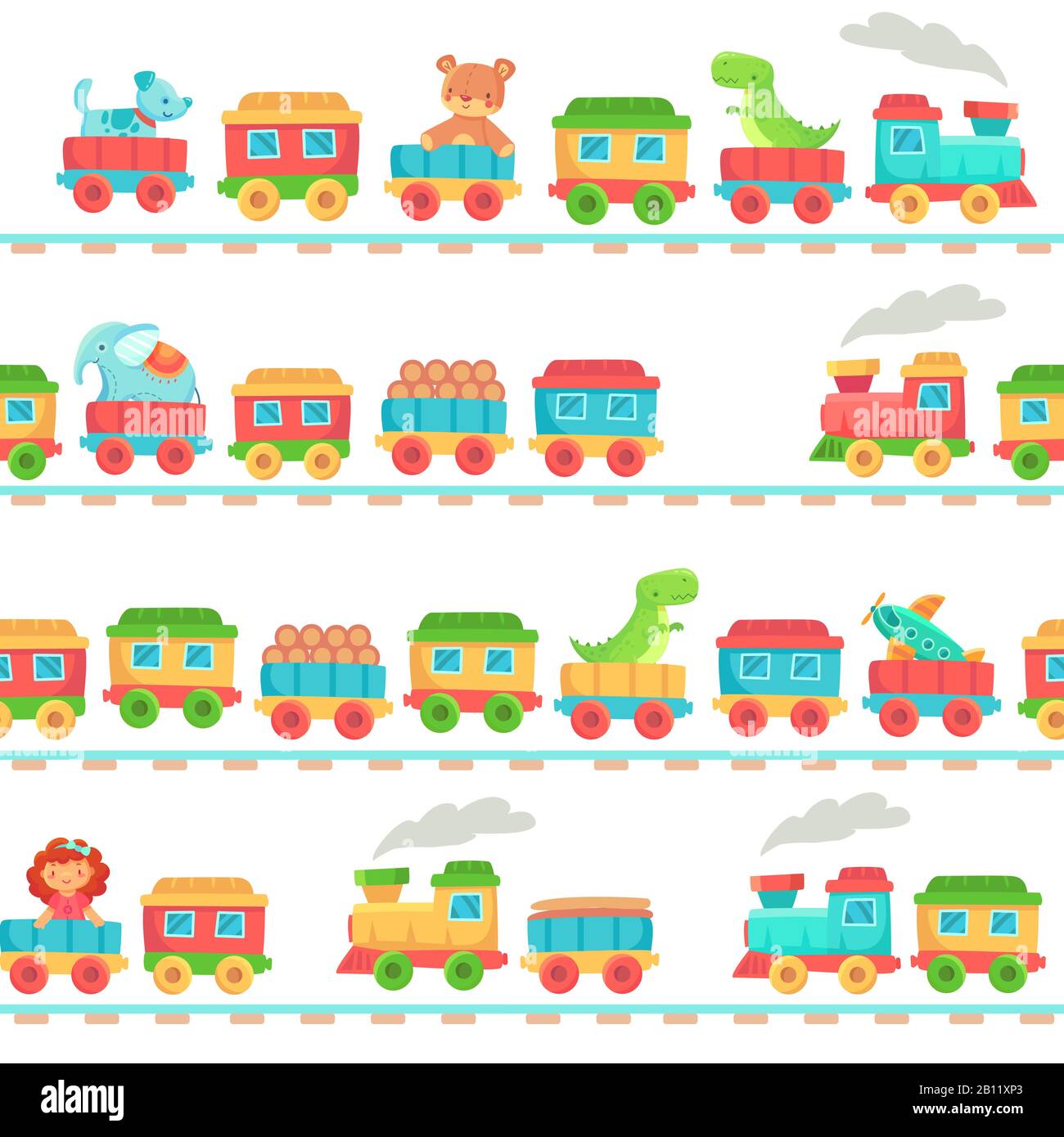 Kids toy train pattern. Children railroad toys, baby trains transport on rails and kid railway seamless vector illustration Stock Vector
