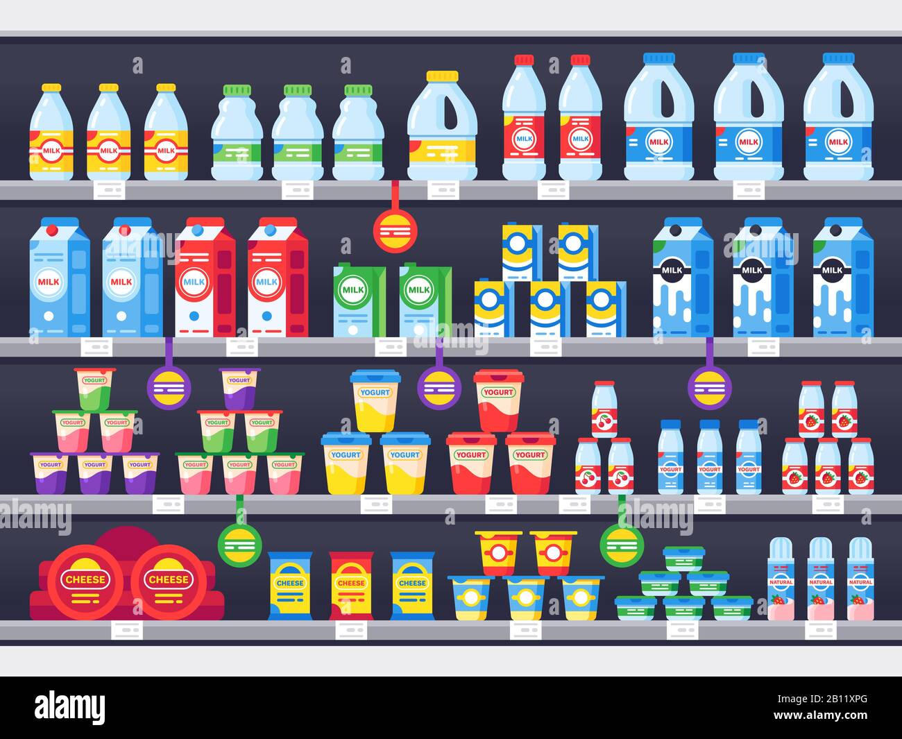 Shop shelf with milk products. Dairy grocery store shelves, milk bottle