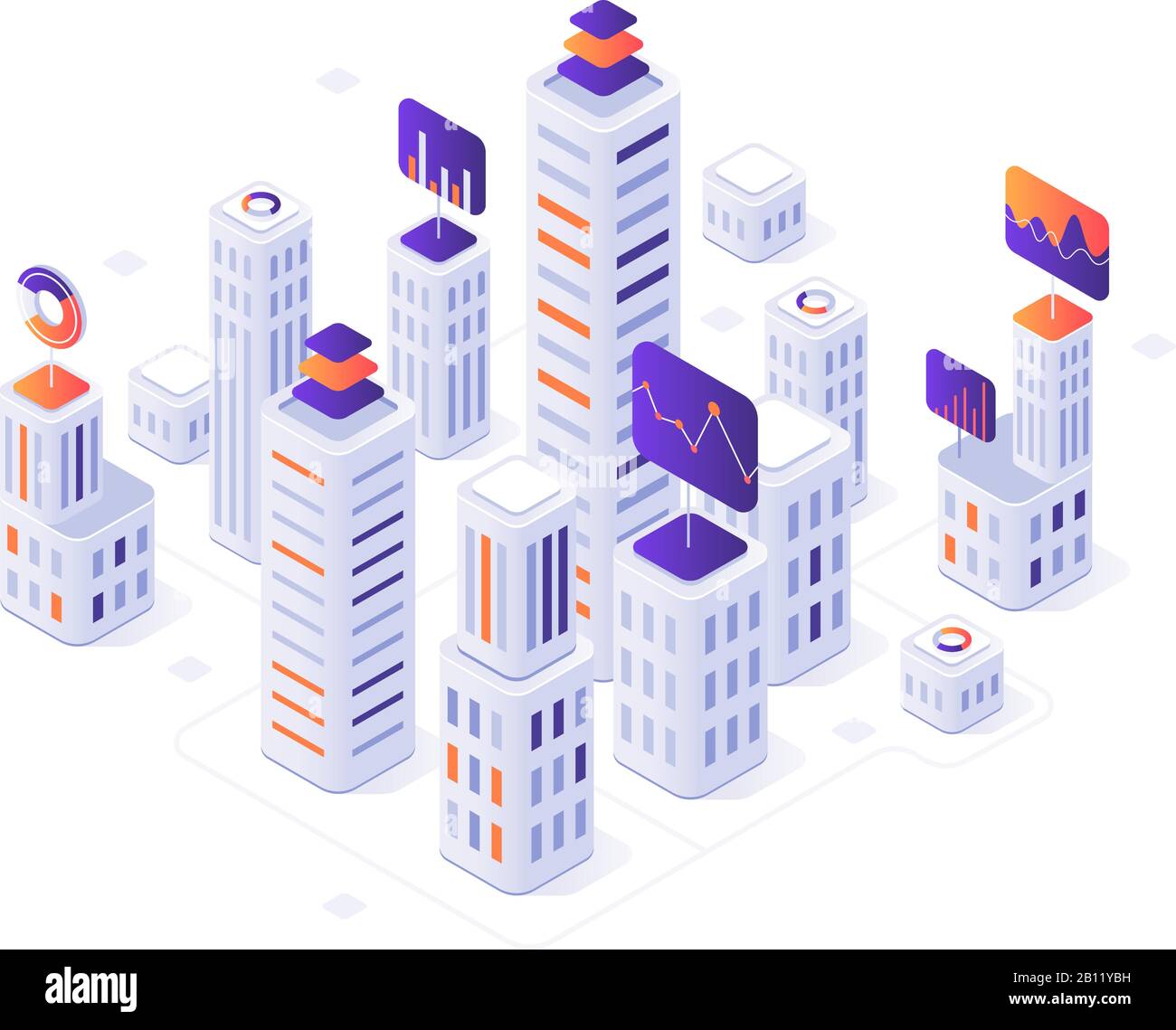 Isometric megalopolis infographic. City buildings, futuristic urban and town business office district metrics 3d vector illustration Stock Vector