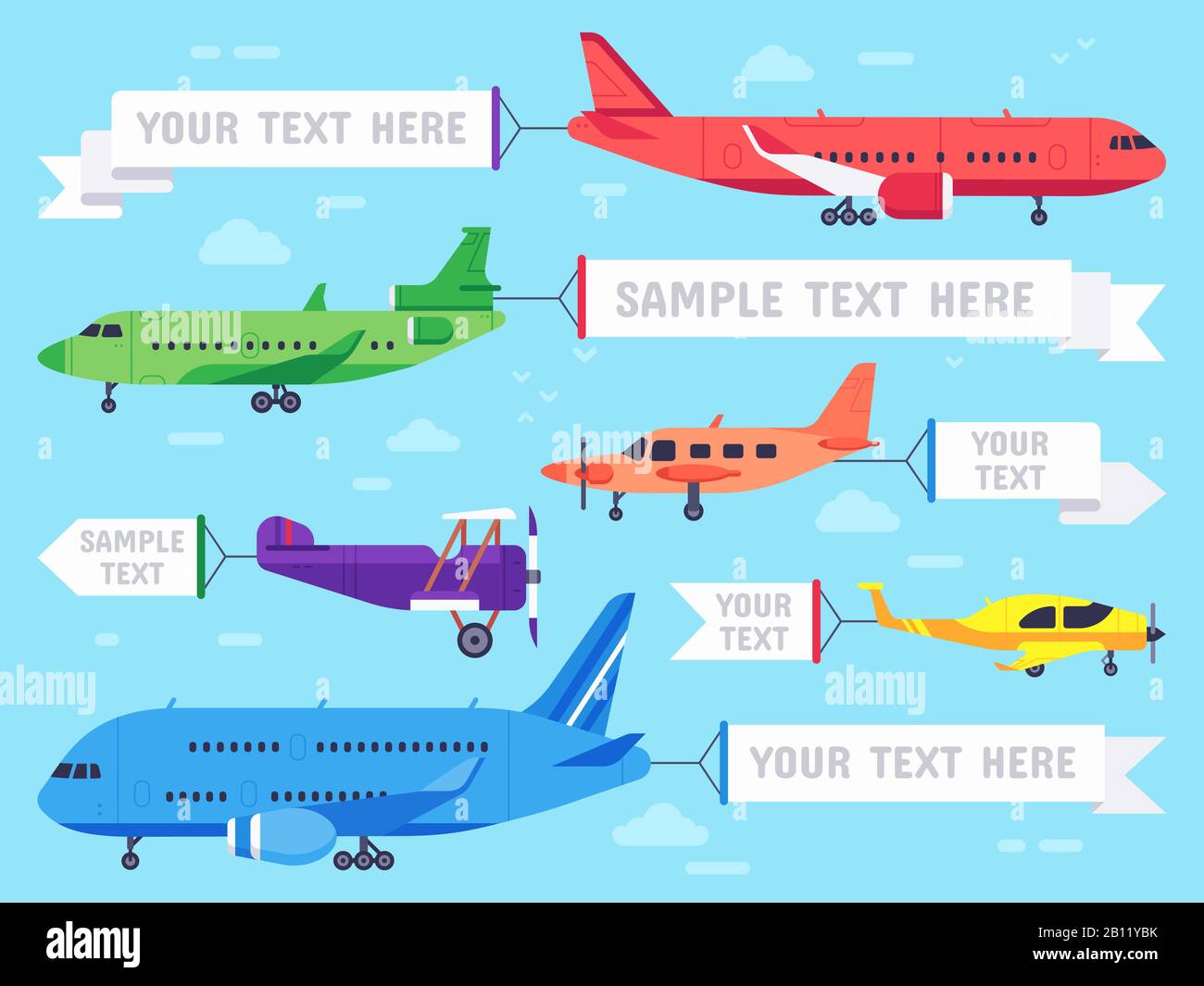 Airplane with banner. Flying ad aeroplane, aviation aircraft banners and airline plane ads vector illustration Stock Vector
