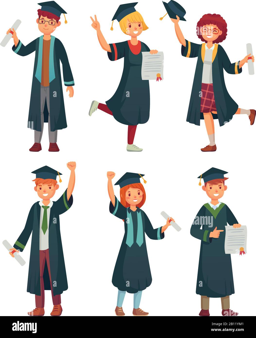 Graduates students. College student in graduation gowns, educated university graduating man and woman characters cartoon vector set Stock Vector