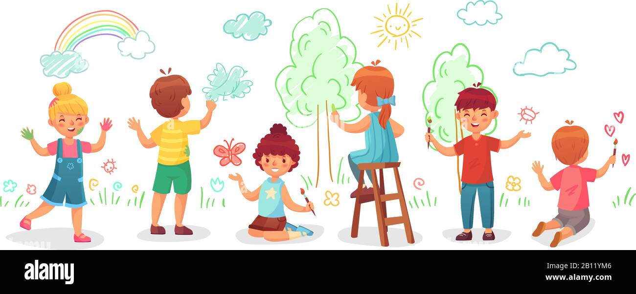 Kids drawing on wall. Childrens group draw color paintings on walls, child paint art cartoon vector illustration Stock Vector