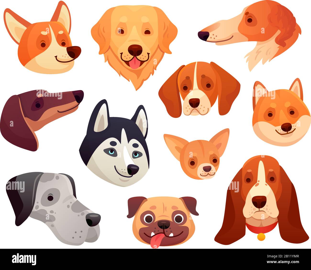 Cartoon dog head. Funny puppy pet muzzle, smiling dog face and dogs isolated vector illustration collection Stock Vector