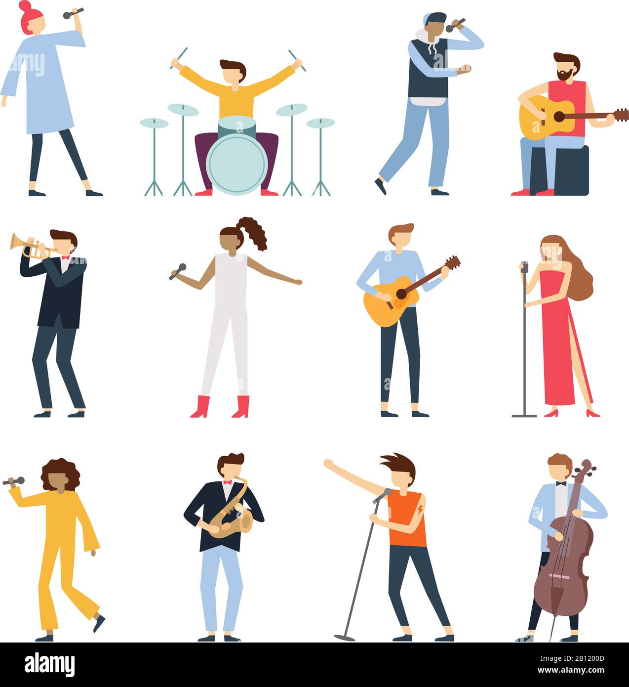 Musician artists. Guitar playing artist, young drummer and pop song singer. Musical instruments stage players isolated flat vector set Stock Vector