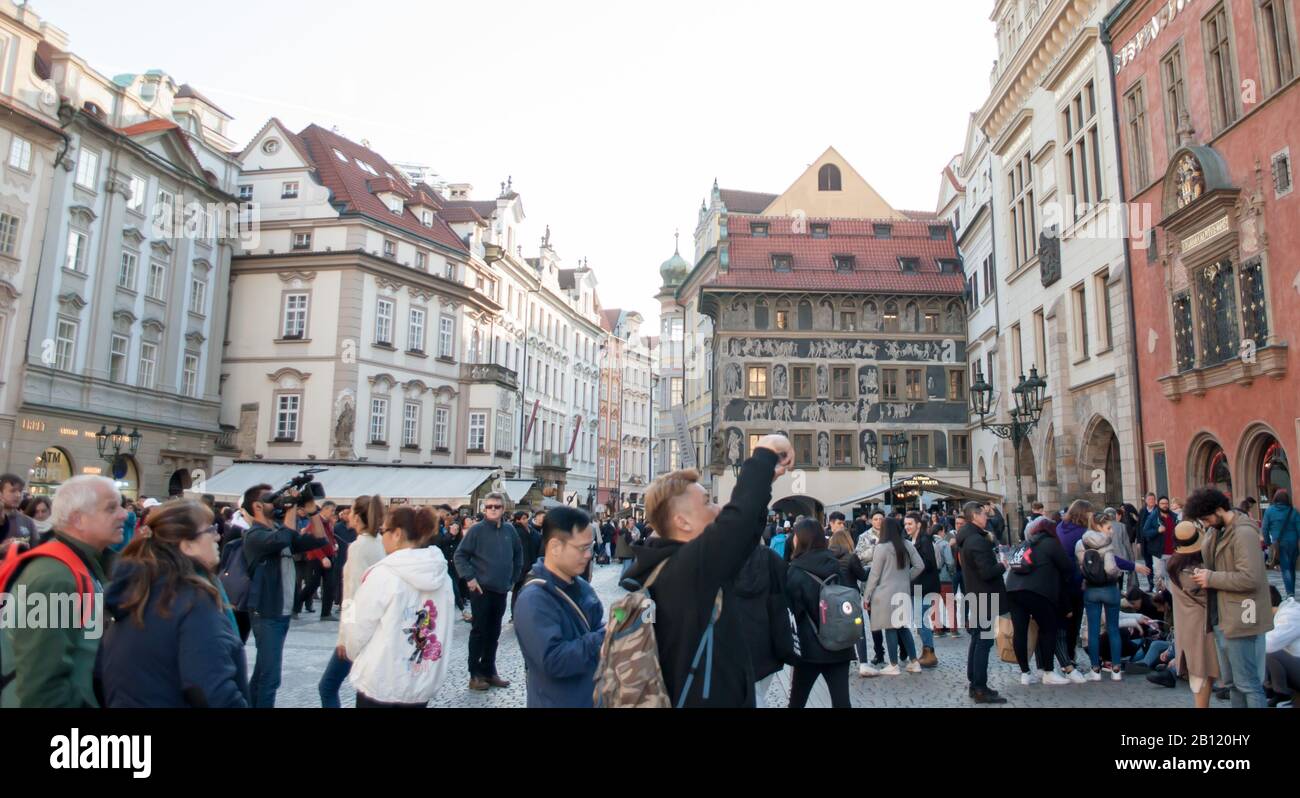Lots of tourists walking at the spring streets of Prague Stock Photo