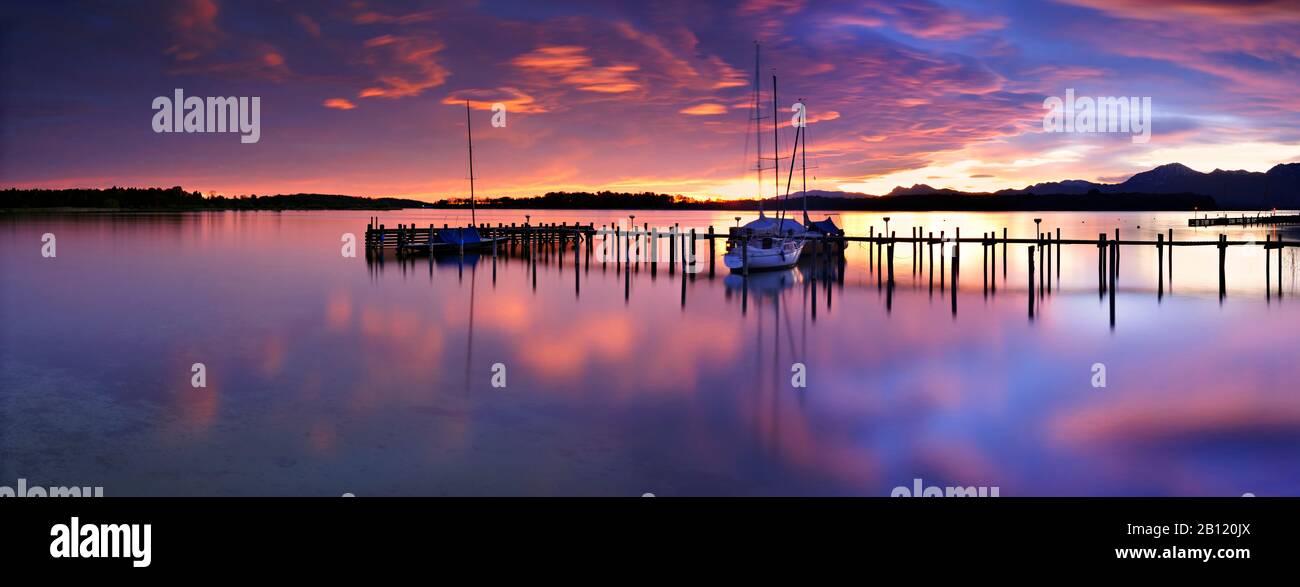 Sunrise at Chiemsee, Bootssteg, Bavaria, Germany Stock Photo