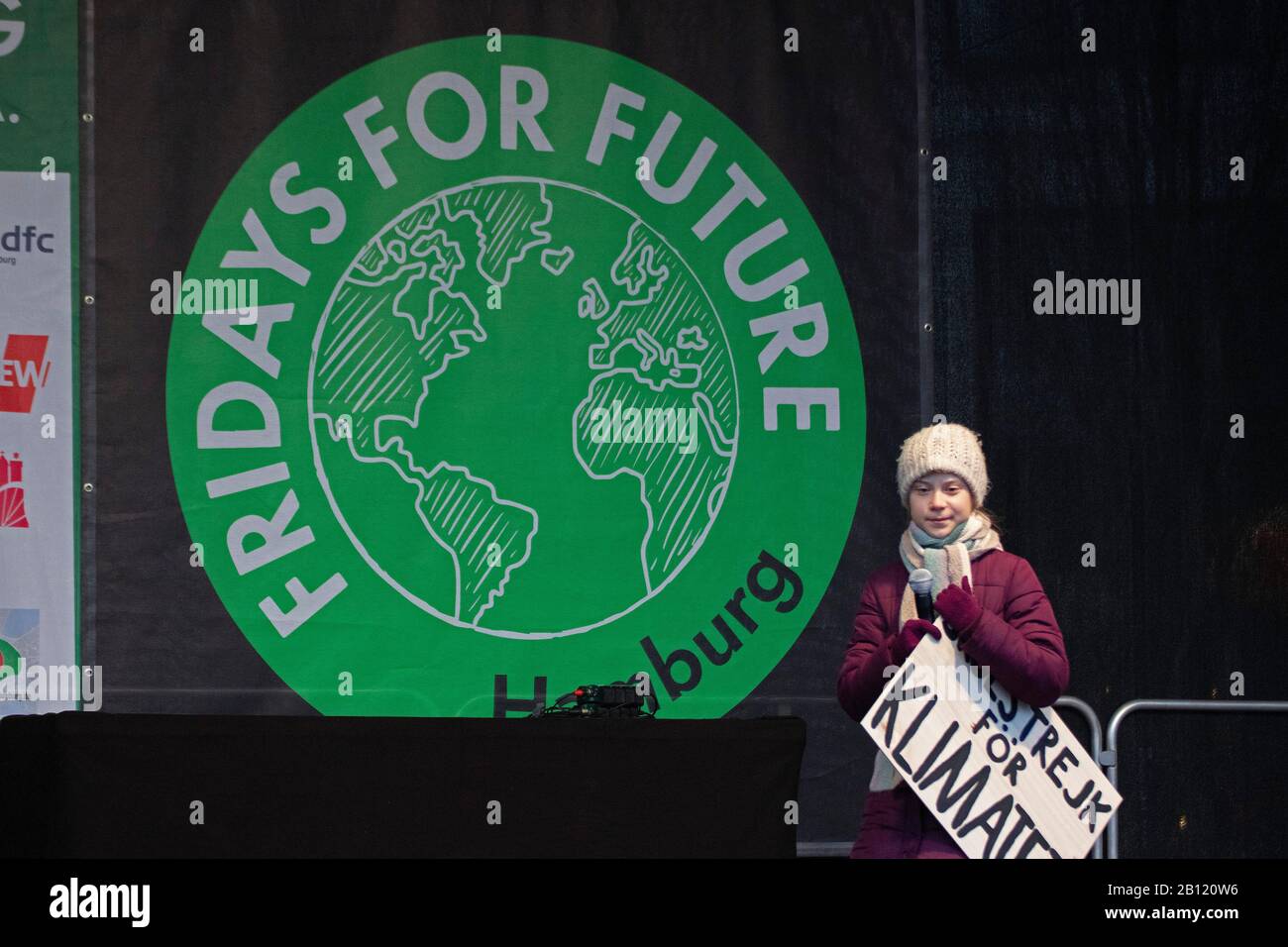 Greta Thunberg delivering a speech at the Fridays For Future demonstration in Hamburg, Germany, on February, 21, 2020 Stock Photo