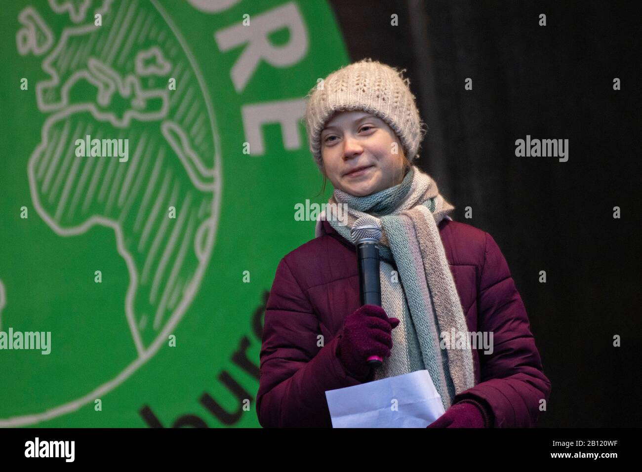 Greta Thunberg delivering a speech at the Fridays For Future demonstration in Hamburg, Germany, on February, 21, 2020 Stock Photo