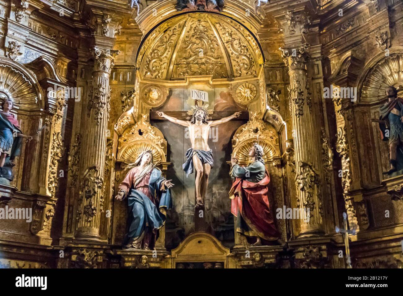 Limpias, Spain Wooden sculpture of the Cristo de la Agonia (Christ of Agony)he Iglesia de San Pedro (St Peter's Church) Stock Photo