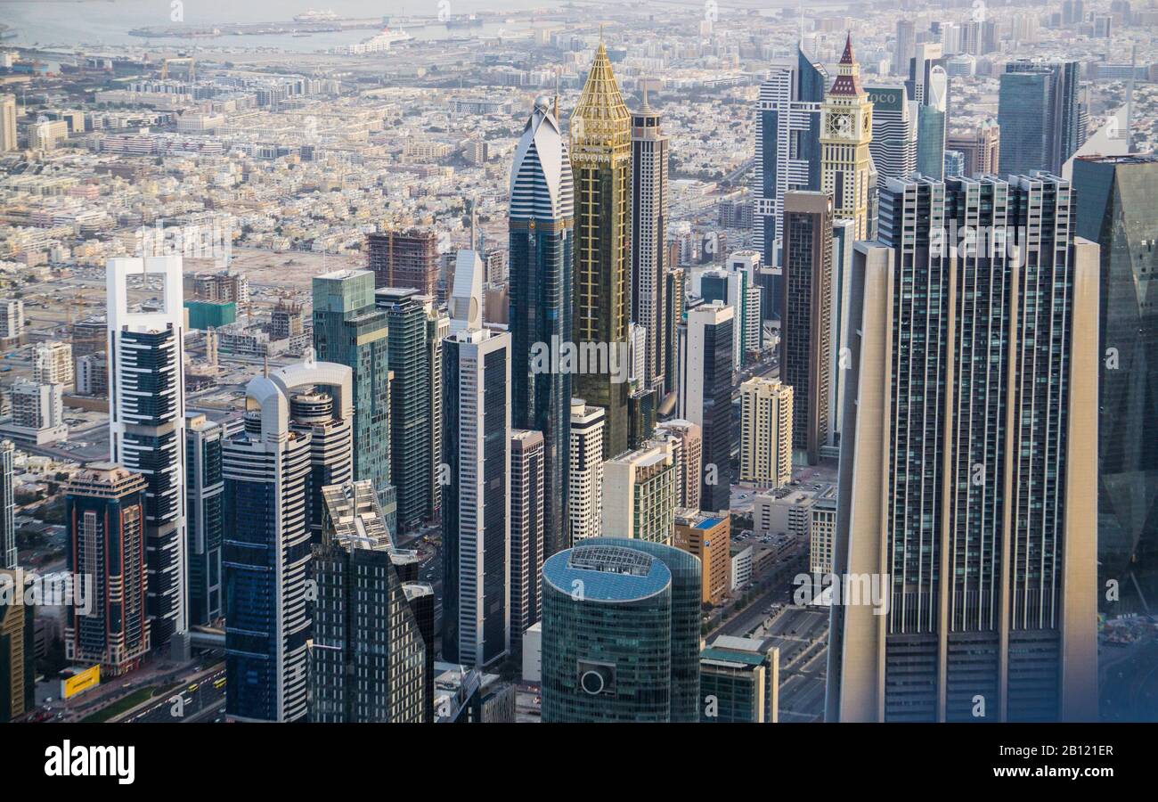 Architecture of Dubai's Business District from the Burj Khalifa Stock Photo
