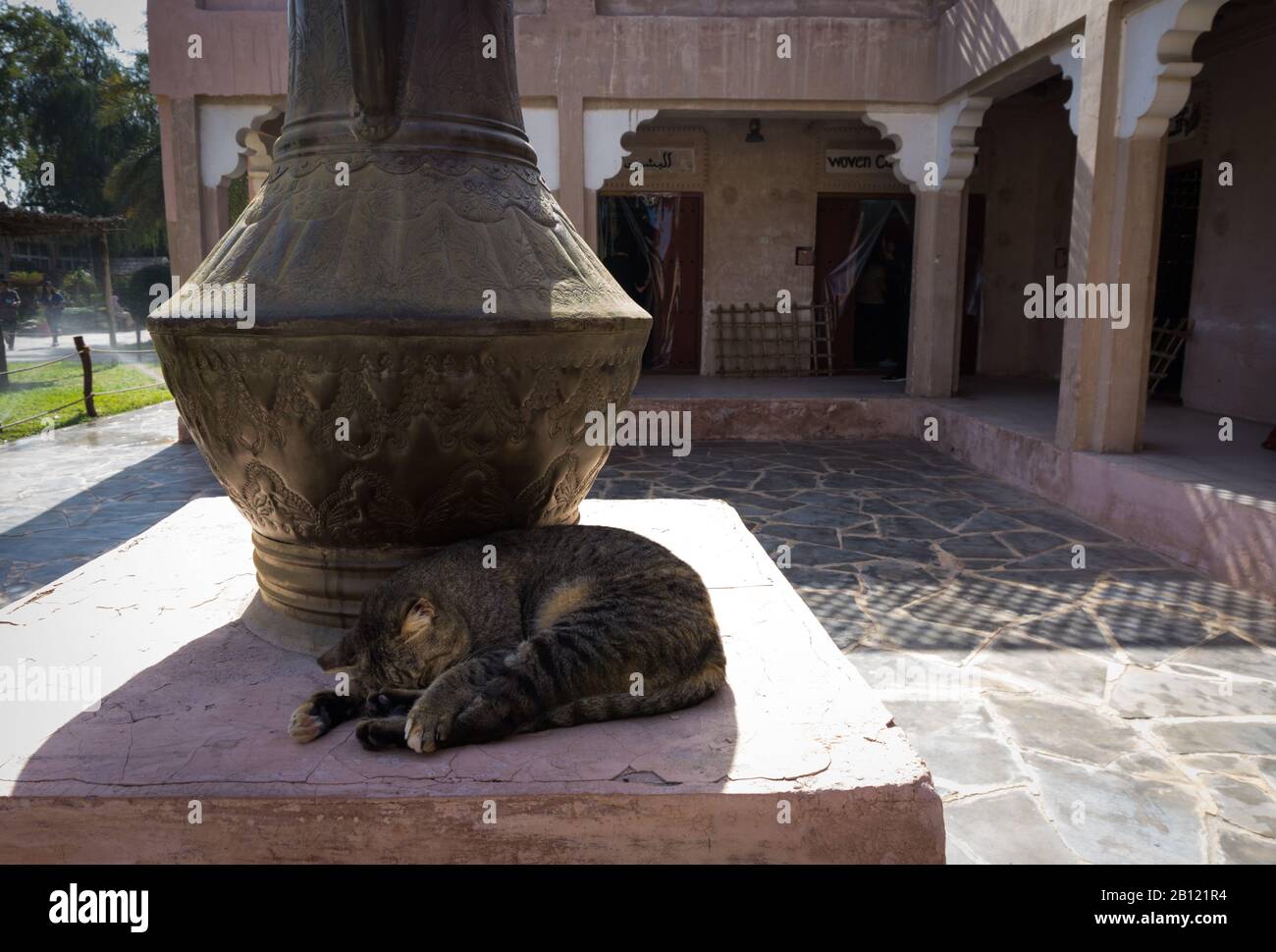Cat taking a nap in the shade of a large Middle Eastern style jug Stock Photo