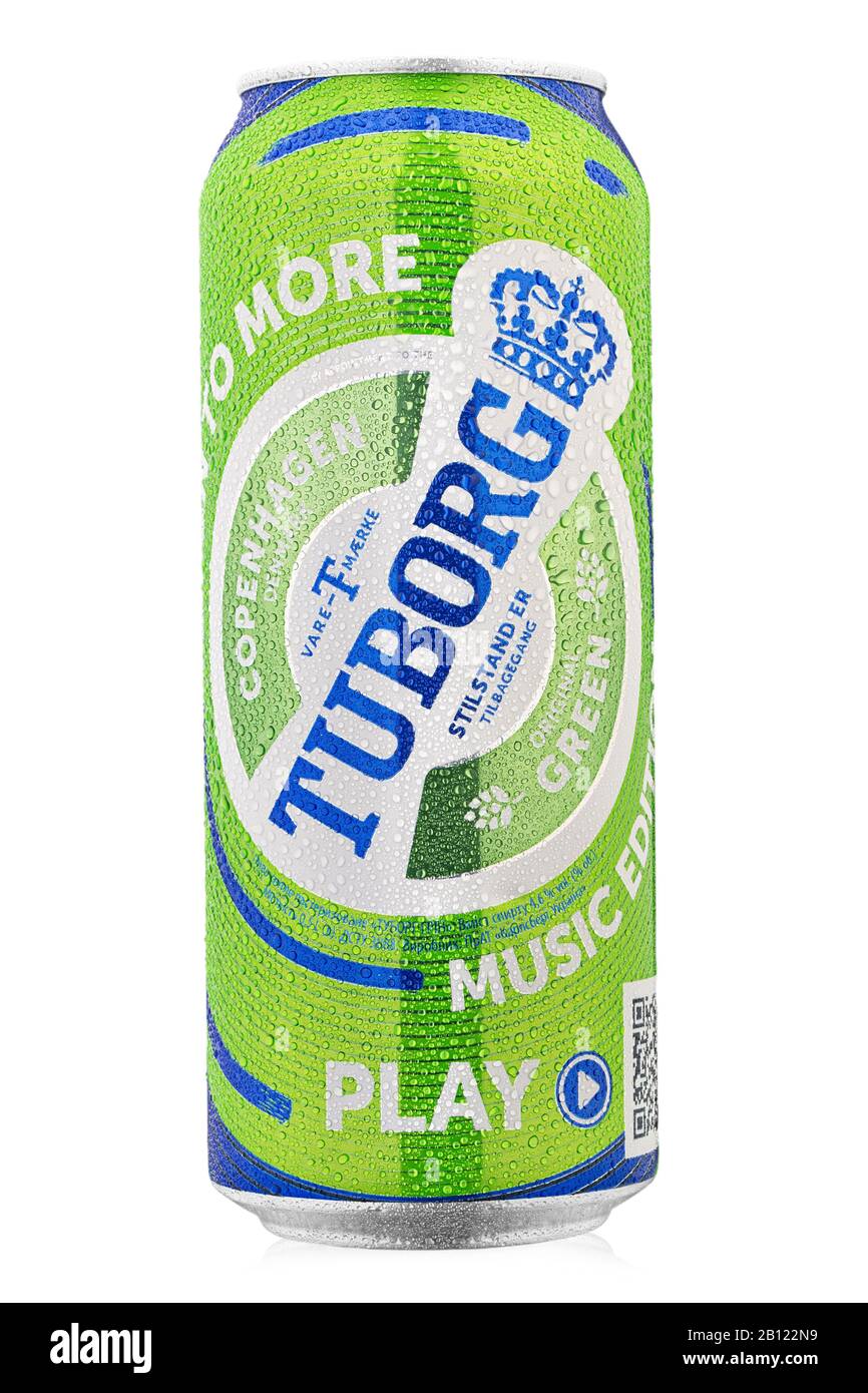 Ukraine, Kiev - February 10. 2020: Aluminium can of green Tuborg beer on white background. Tuborg is a Danish brewing company founded in 1873. File co Stock Photo