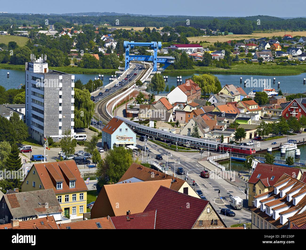View from the Petrikirche to the bascule bridge over the Peene river, Wolgast, Mecklenburg-Western Pomerania, Germany Stock Photo