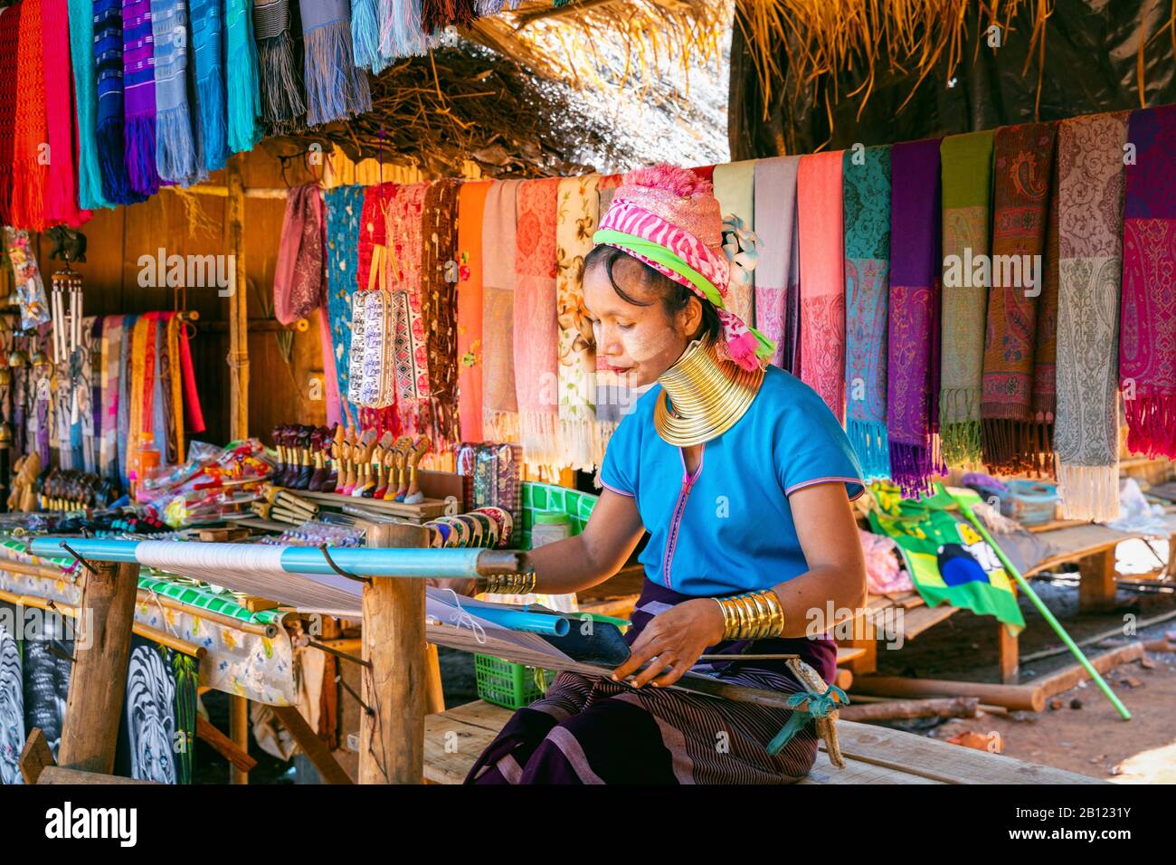 CHIANG RAI, THAILAND - FEB 14, 2020 : Long Neck Karen woman at hill tribe villages, Chiang Rai Province, Thailand. Stock Photo