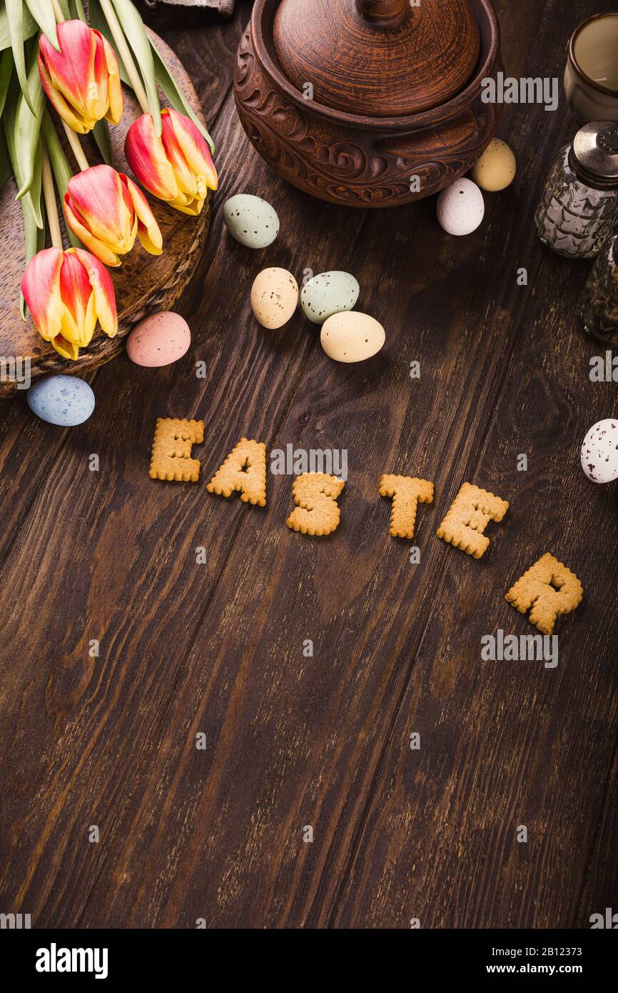 Happy Easter background, Lettering from cookies Stock Photo - Alamy