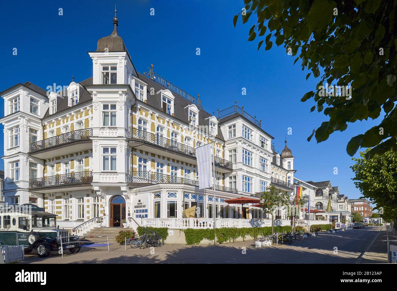 Beach promenade with Hotel Ahlbecker Hof, Ostseebad Ahlbeck, Usedom Island, Mecklenburg-West Pomerania, Germany Stock Photo