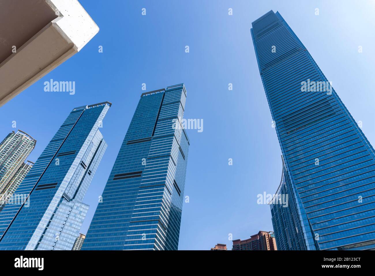 Hong Kong - January 11 2020 : Dutch Angle View of International Commerce Centre located in West Kowloon Stock Photo