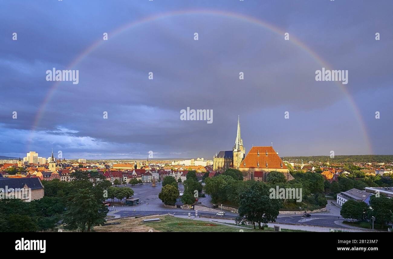 Panorama from Petersberg with cathedral and rainbow over Erfurt, Thuringia, Germany Stock Photo