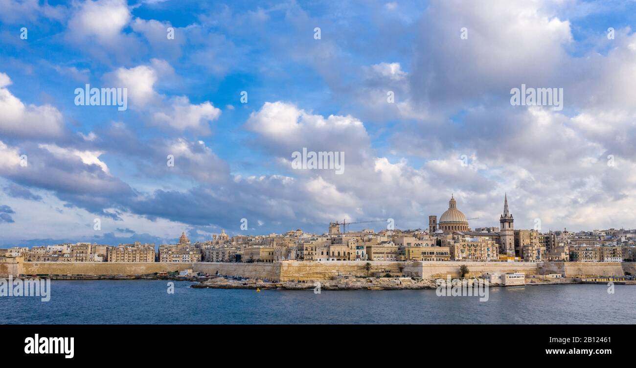 Aerial panoramic view of the Valletta old town on Malta. Stock Photo