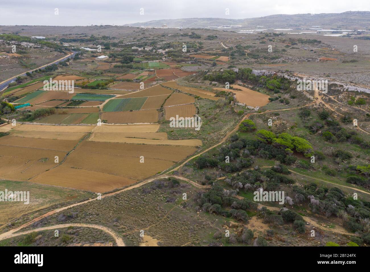 Aerial top drone shot of rural landscape of the island of Gozo Malta in summer Stock Photo