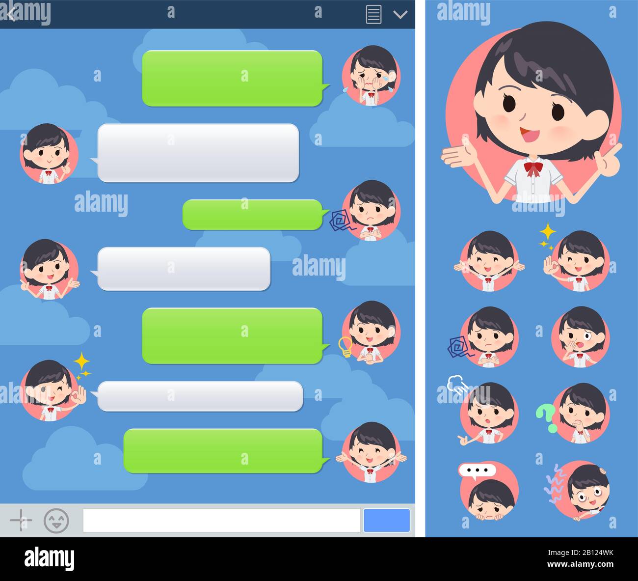 A set of Short sleeve school girl with expresses various emotions on the SNS window.There are variations of emotions such as joy and sadness.It's vect Stock Vector