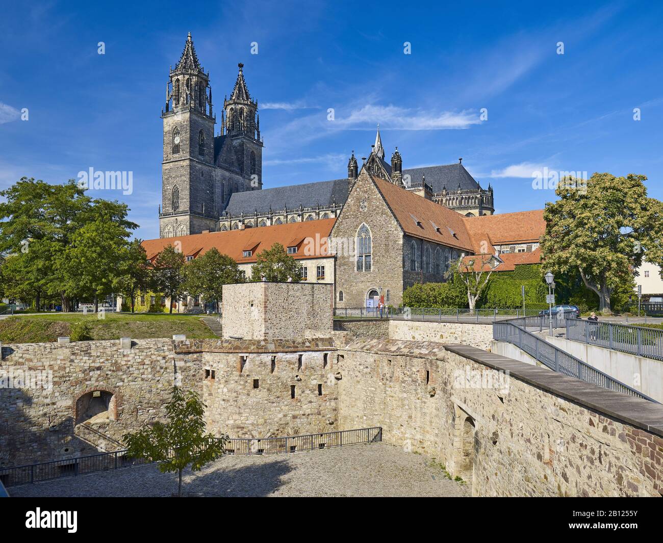 Bastion Cleve with Magdeburg Cathedral, Magdeburg, Saxony-Anhalt, Germany Stock Photo