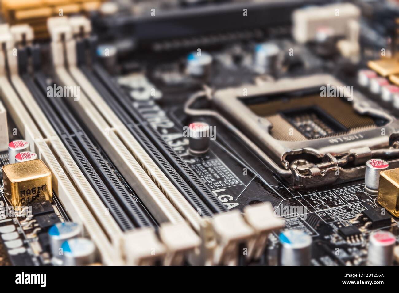 Moscow, Russia - 01.28..2020: RAM slots on the motherboard close-up at the time of repair in the workshop Stock Photo