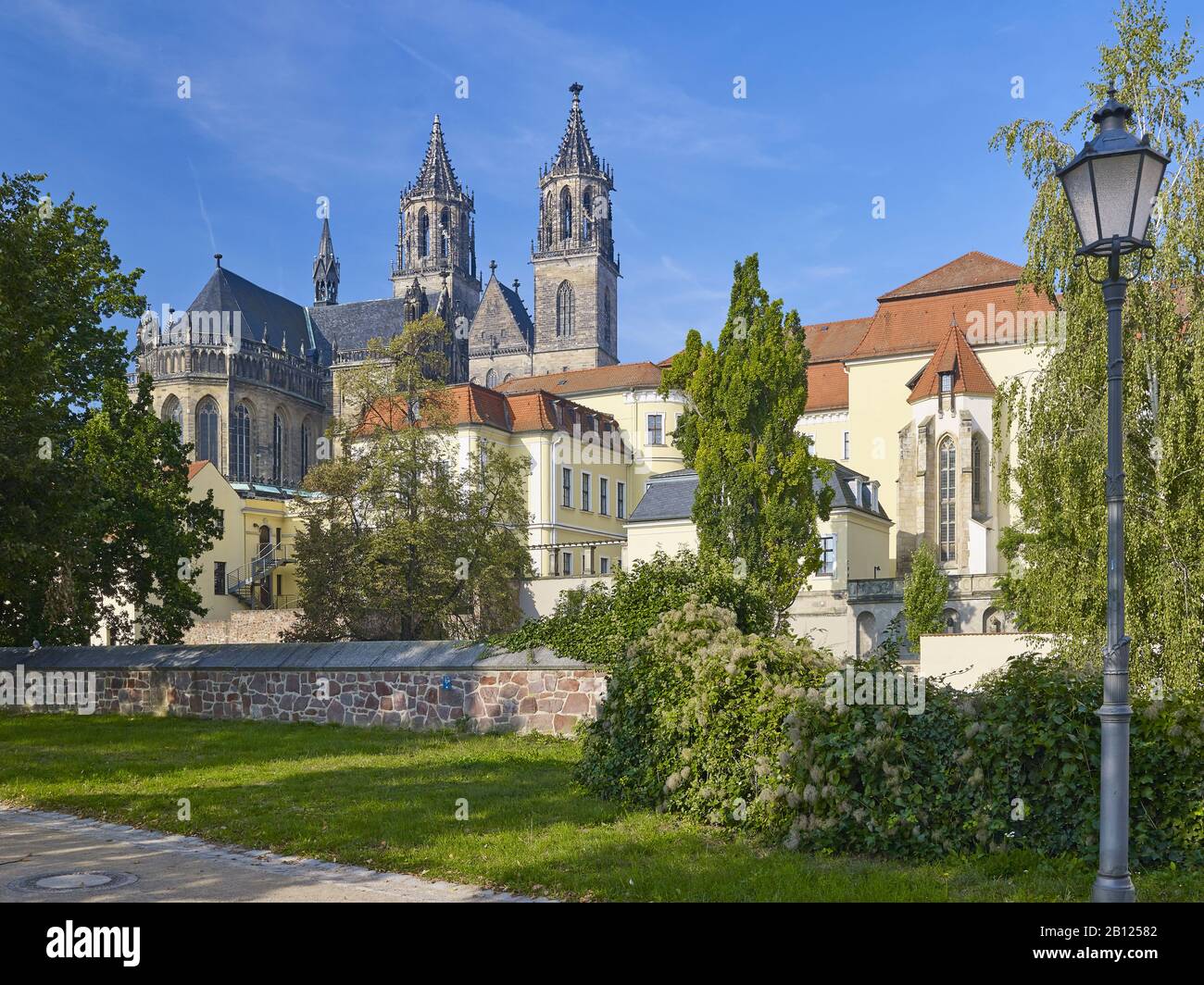View from Fürstenwall to Magdeburg Cathedral, Magdeburg, Saxony-Anhalt, Germany Stock Photo