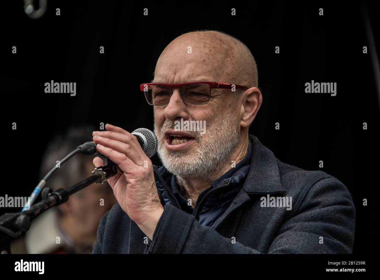 London, UK. 22 February 2020. Brian Eno adresses the rally. Protesters  marched and then held a rally in central London to oppose the extradition  of Julian Assange to the USA. The event