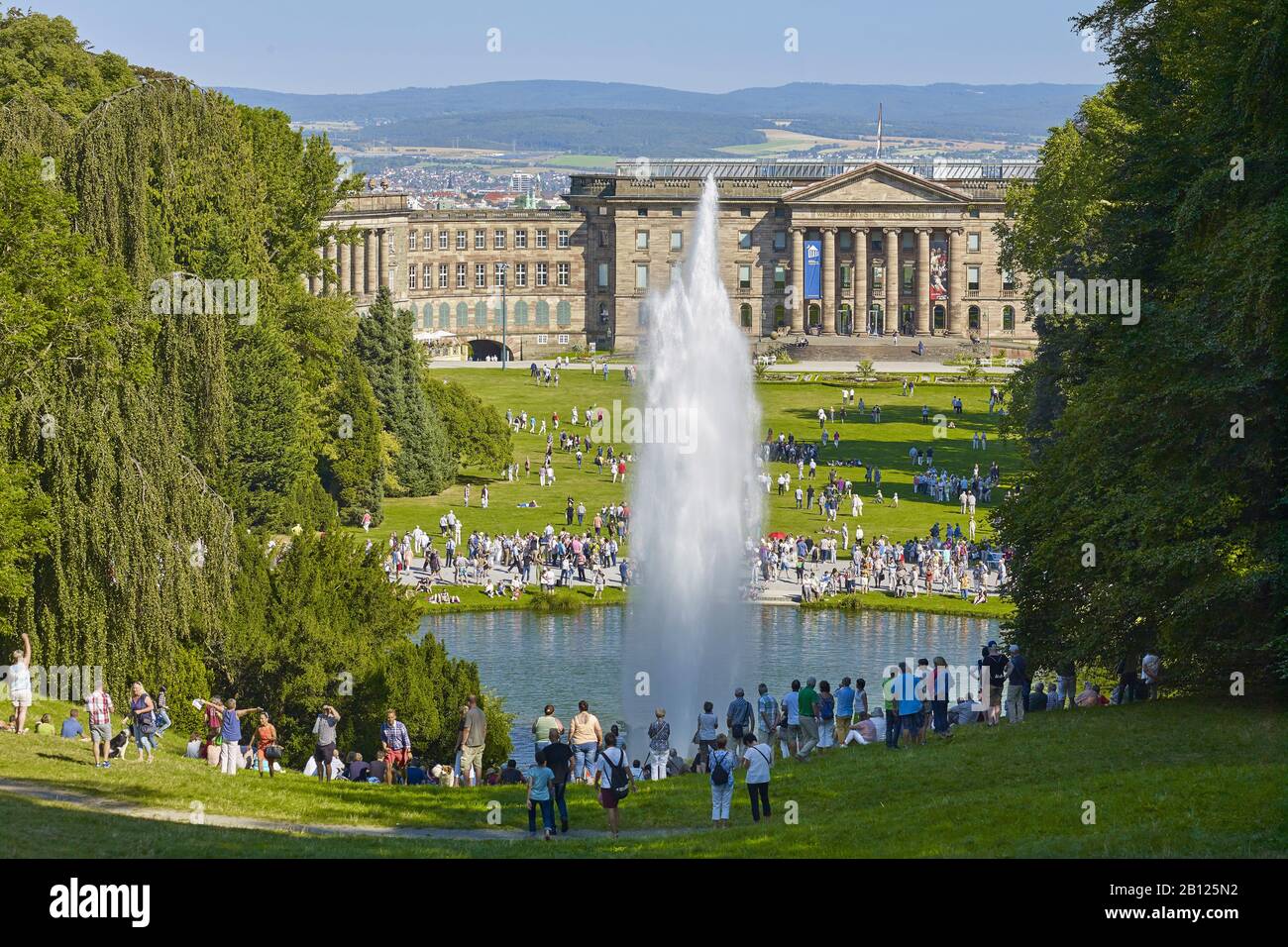 Large fountain of the water features in the Wilhelmshöhe mountain park with castle, Kassel, Hesse, Germany Stock Photo