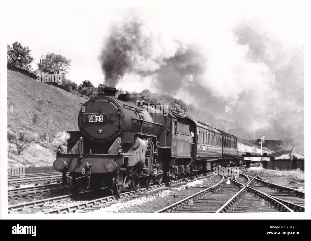 Vintage black and white photo of steam locomotive train -  Hughes / Fowler Class 5 MT 2-6-0 42861 on a Wakefield to Blackpool excursion May 1958. Stock Photo