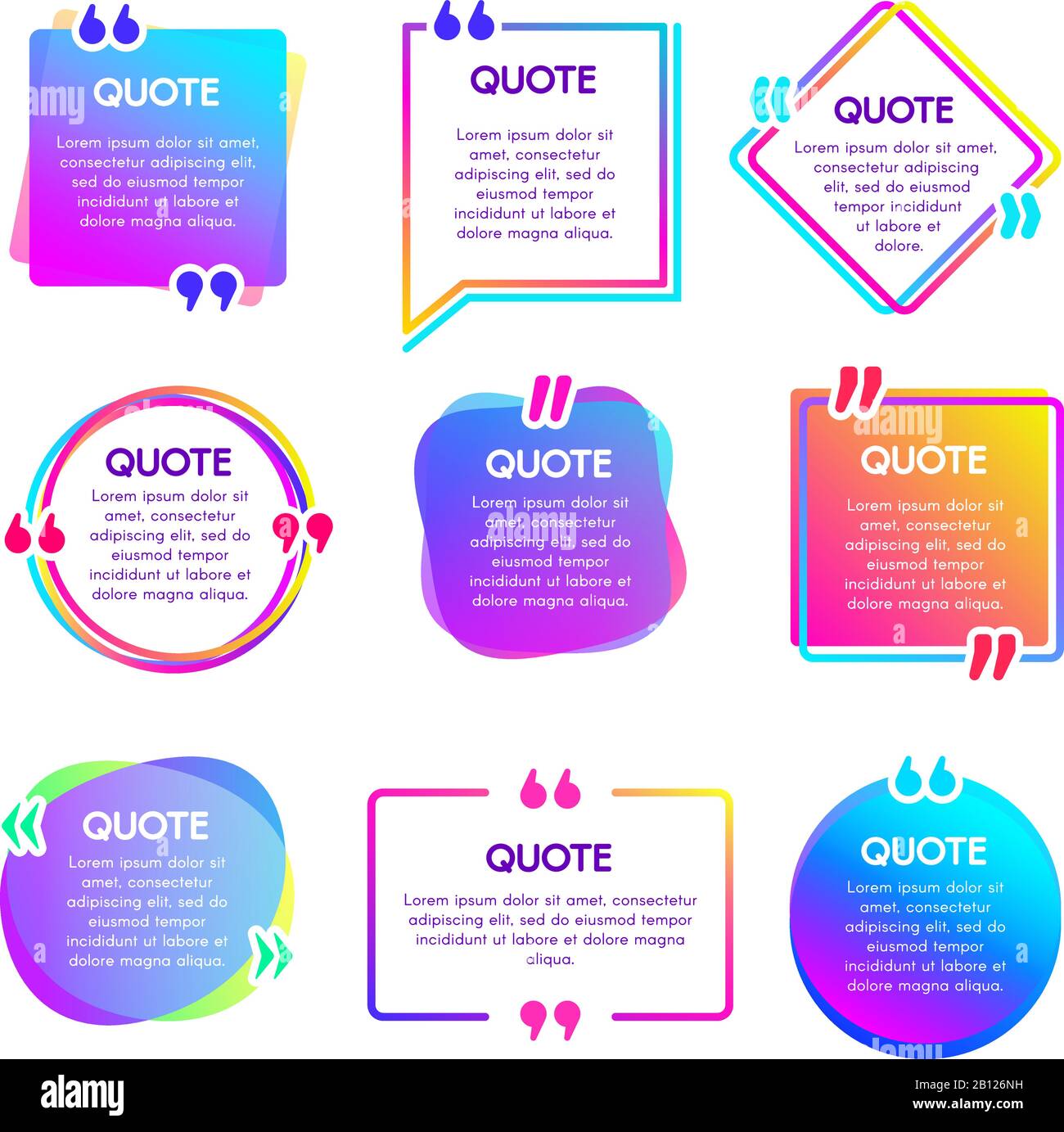 Quote info box. Text remark frame, quotes reference label and texting dialogue words excerpt frames boxes vector set Stock Vector