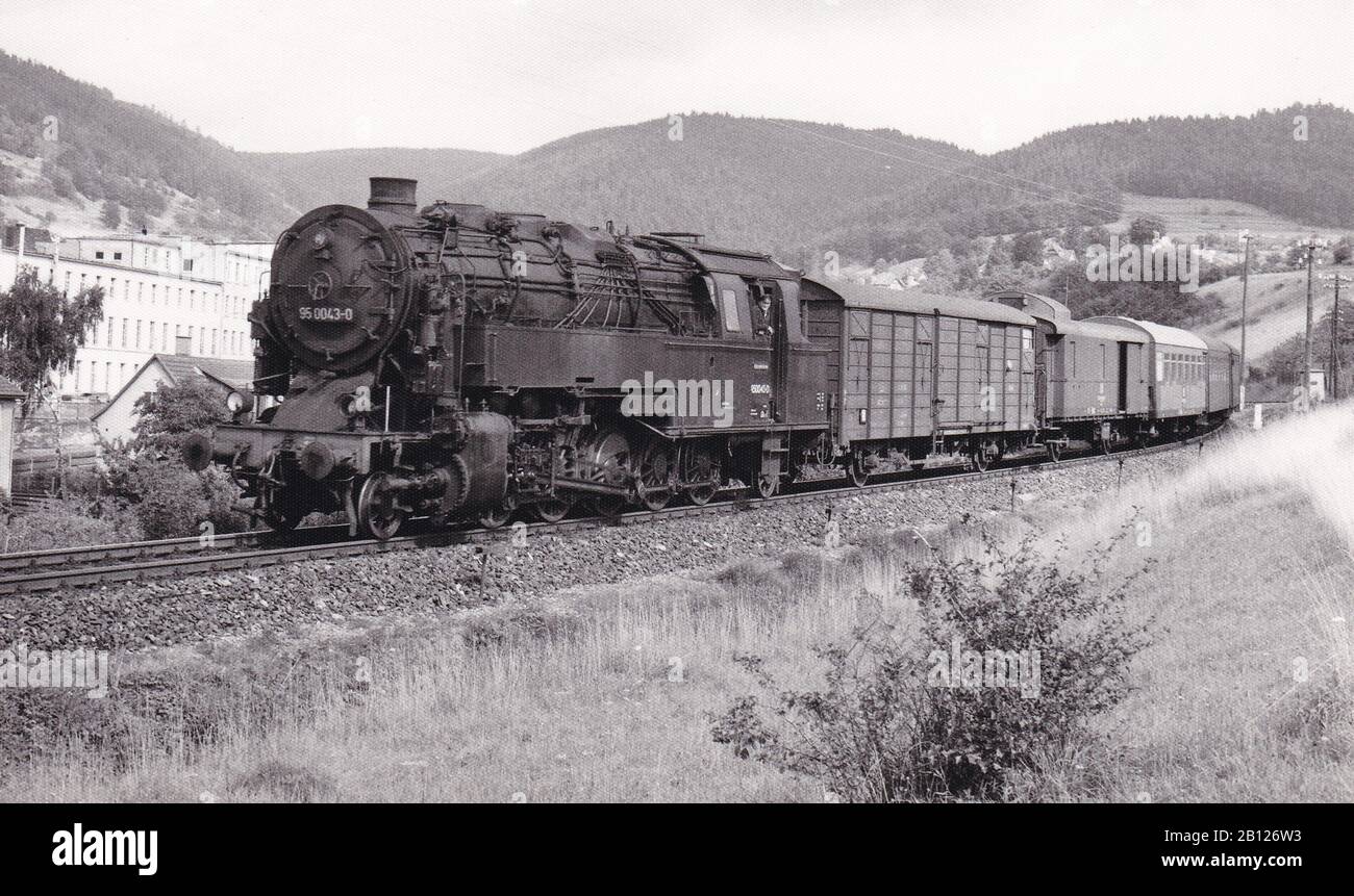 Vintage black and white photo of steam locomotive train - 0043 BW Probstzella, Ravenstein September 1975. Stock Photo