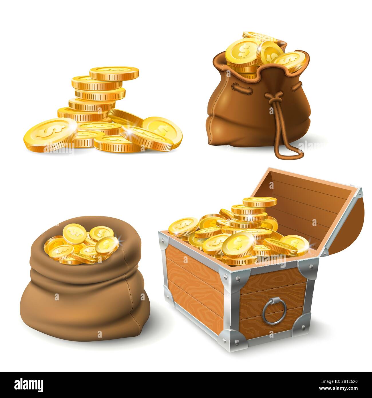Golden coins stacks. Coin in old sack, large gold pile and chest Stock Vector