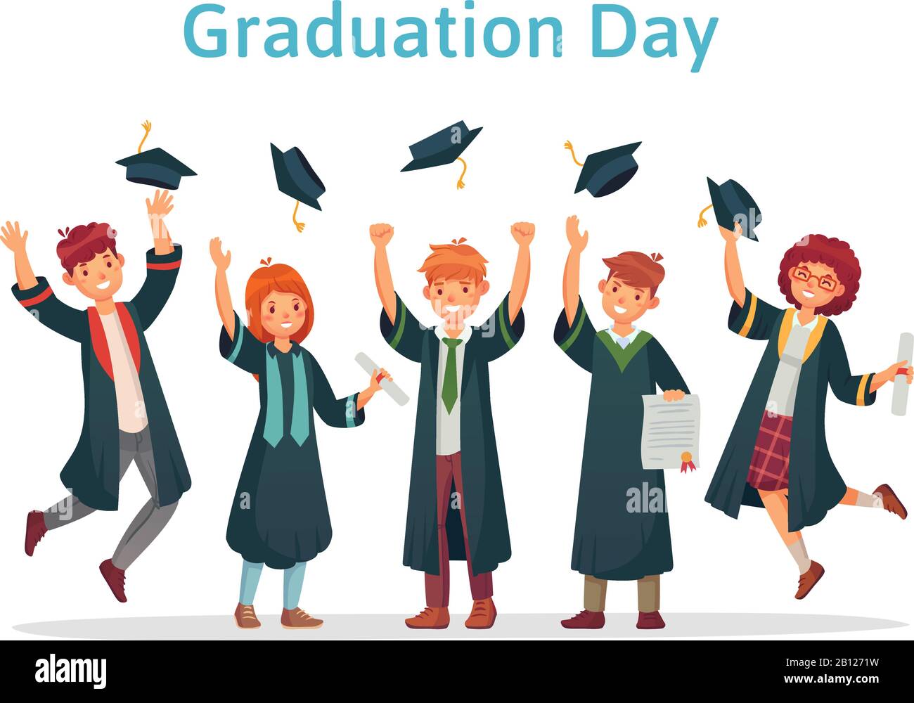 Graduate students. Graduation day of university student, success exam and college group throwing up academic caps vector illustration Stock Vector