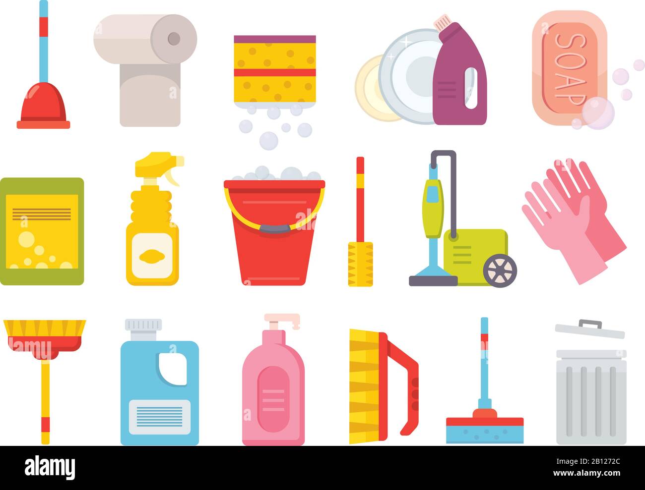 Cleaning supplies. Home clean tools. Brush, bucket window wipes and chemicals tool vector isolated set Stock Vector