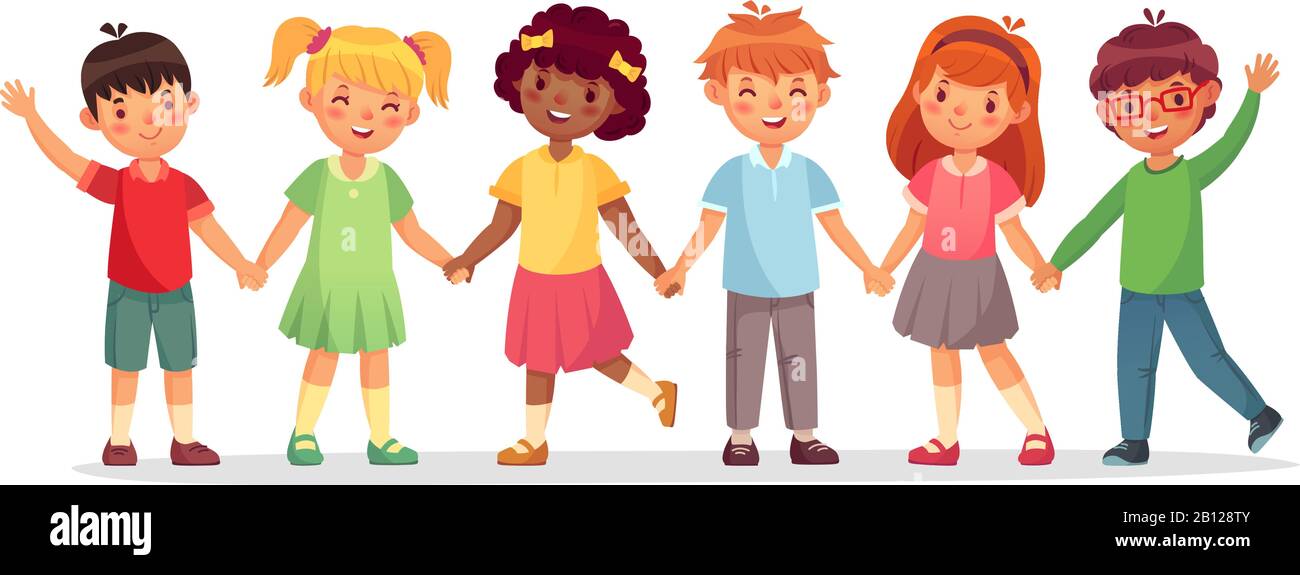 Happy kids team. Multinational childrens, school girls and boys stand together holding hands isolated vector illustration Stock Vector