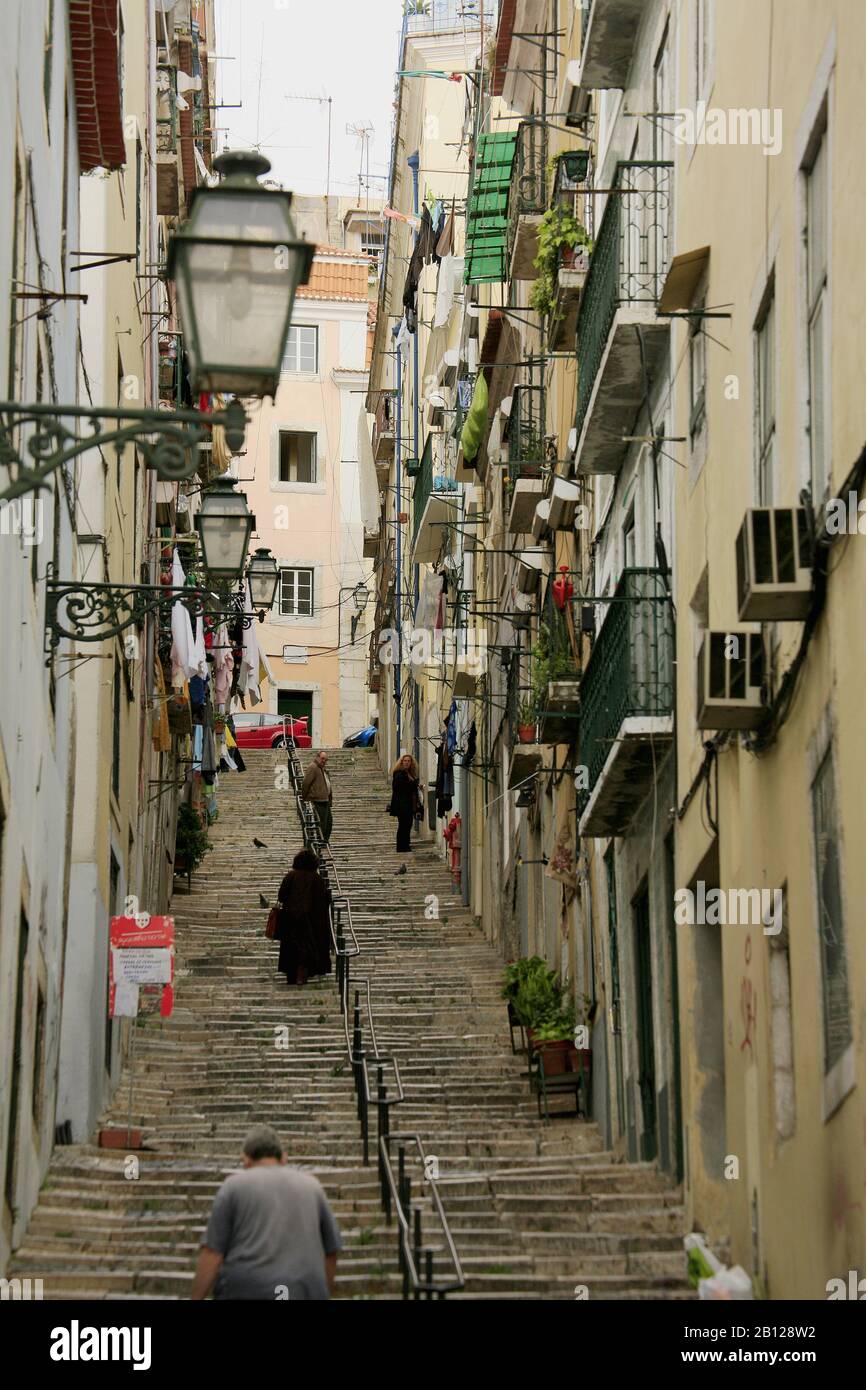 The streets in Bairro Alto, one district of Lisbon are straight, narrow ...