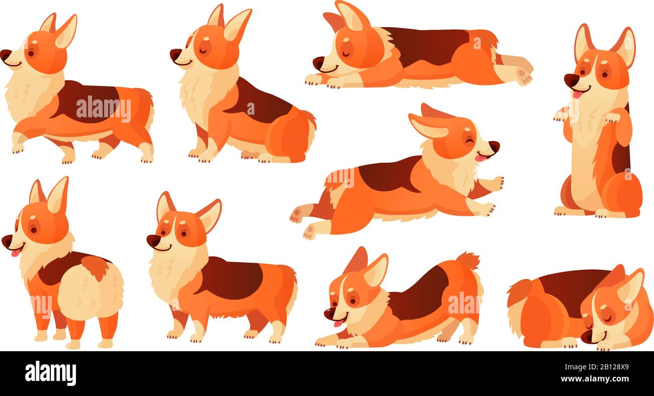 Cartoon dog character. Sleeping corgi dogs poses, pedigree dog fitness sport exercise and relaxing pet yoga pose isolated vector set Stock Vector