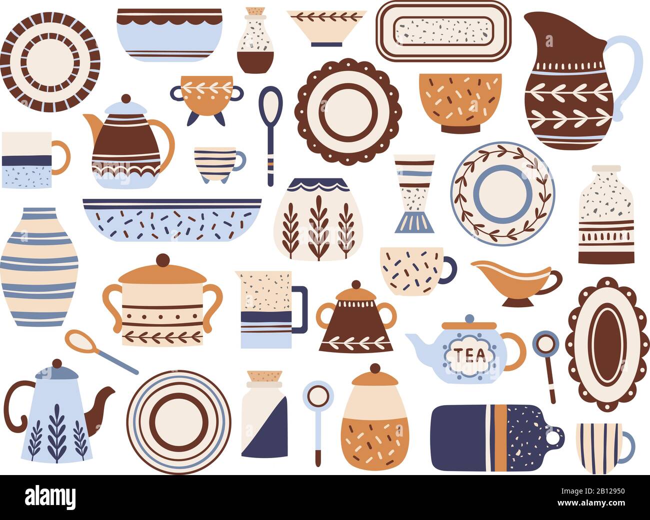 Kitchen crockery. Ceramic cookware, porcelain cups and glassware jar