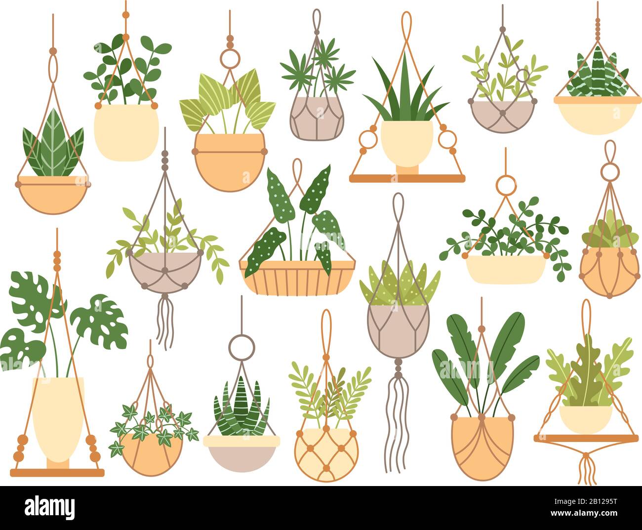 Plants in hanging pots. Decorative macrame handmade hangers for flower pot, hang indoor plants isolated vector set Stock Vector