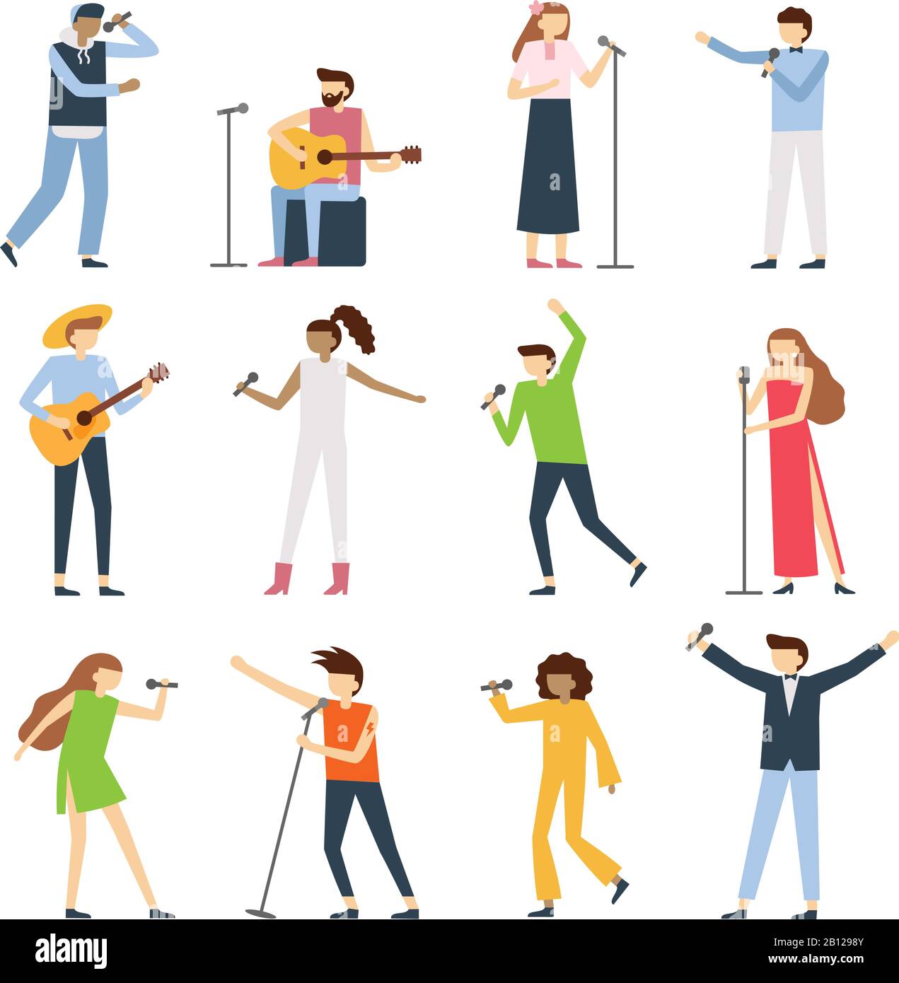 Musician singers people. Vocal singer artist, singing diva opera with mic and musicians sing song concert vector flat set Stock Vector