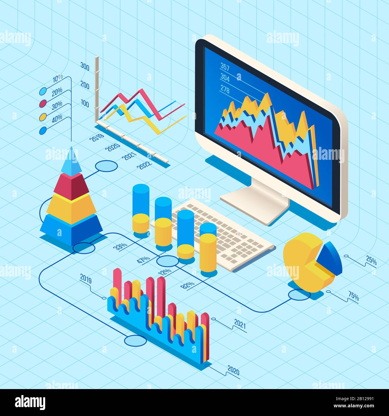 Isometric finance data analysis. Market position concept, web business computer diagram 3d vector illustration Stock Vector