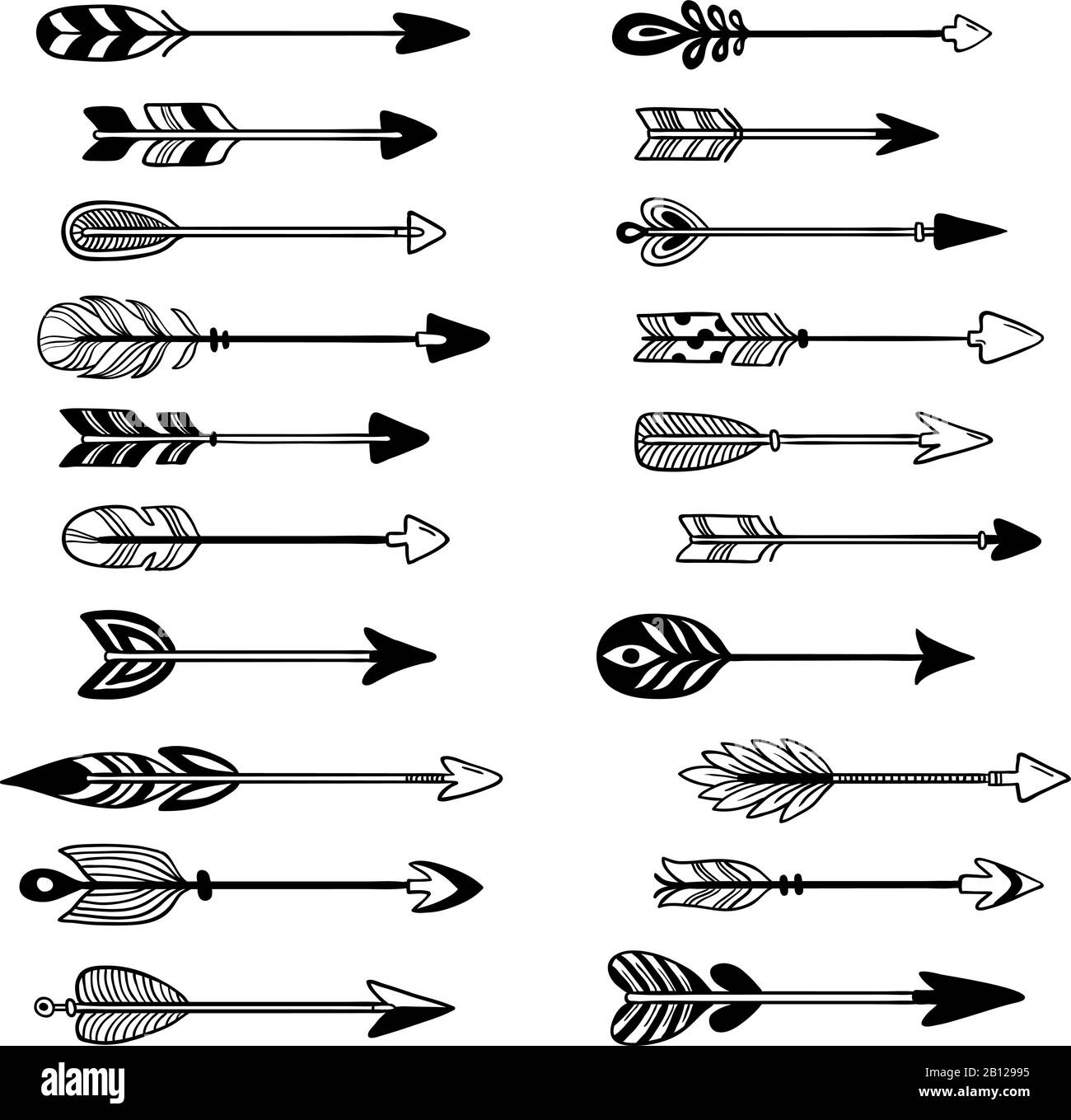 Aztec arrows. Ornament bow arrow with feather, hipster graphic pointer and tribal arrowhead hand drawn vector set Stock Vector