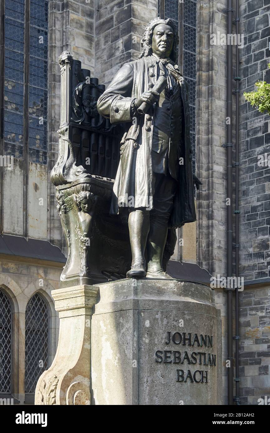 Bach monument in front of the Thomaskirche in Leipzig, Saxony, Germany Stock Photo