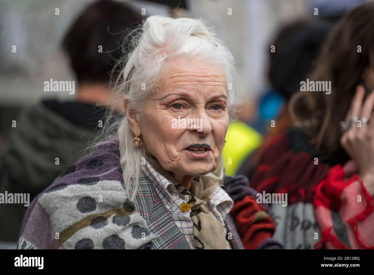 British fashion designer Vivienne Westwood attending a rally to oppose extradition to the United States of Julian Assange who is in Belmarsh prison. The march was from Australia House to Parliament Square in London, UK Stock Photo