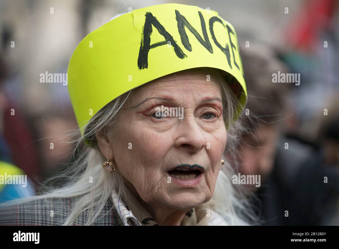 British fashion designer Vivienne Westwood attending a rally to oppose extradition to the United States of Julian Assange who is in Belmarsh prison. The march was from Australia House to Parliament Square in London, UK Stock Photo