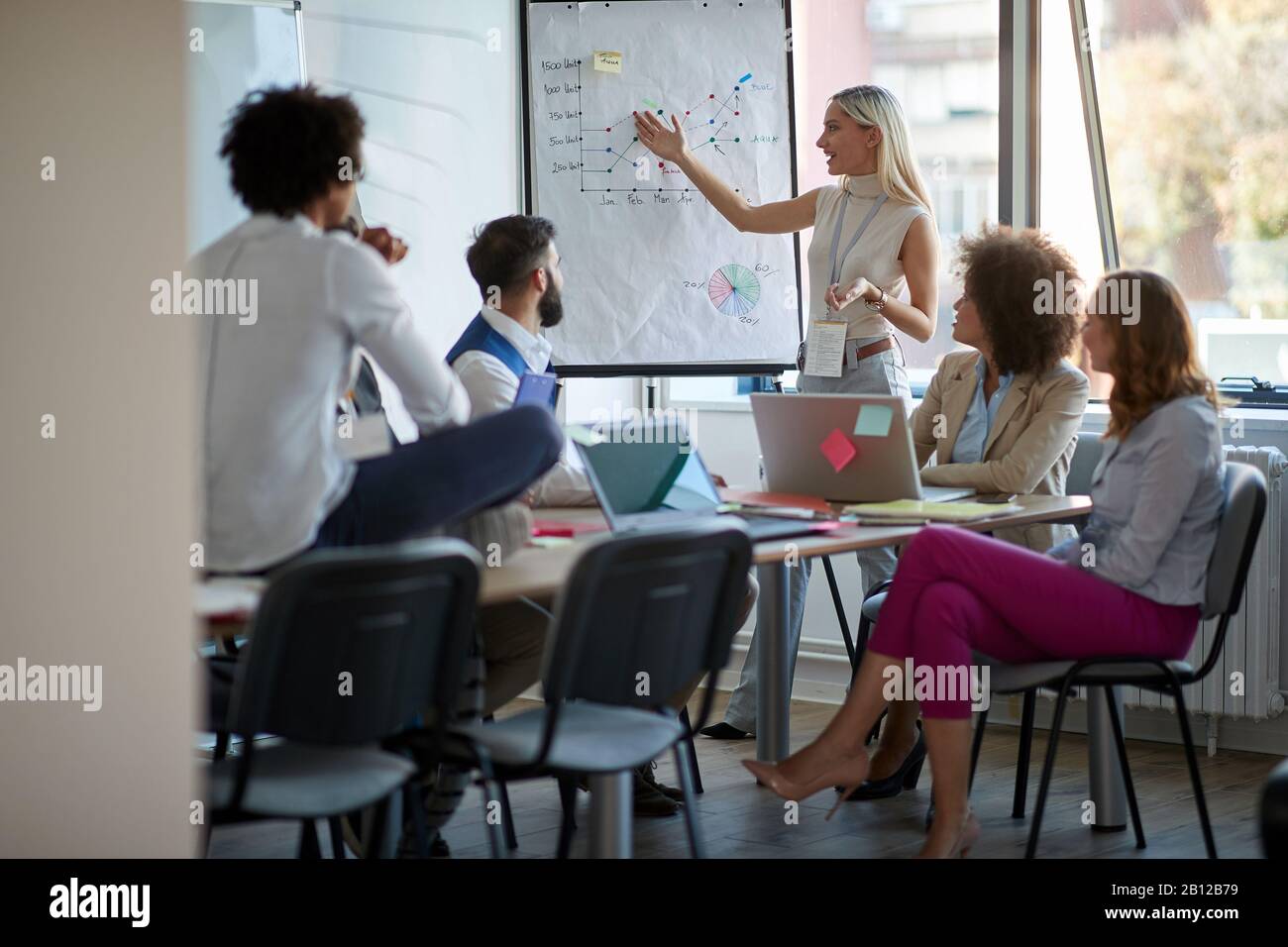 business female showing stats on whiteboard to a group coworkers. business, meeting, casual briefing concept Stock Photo
