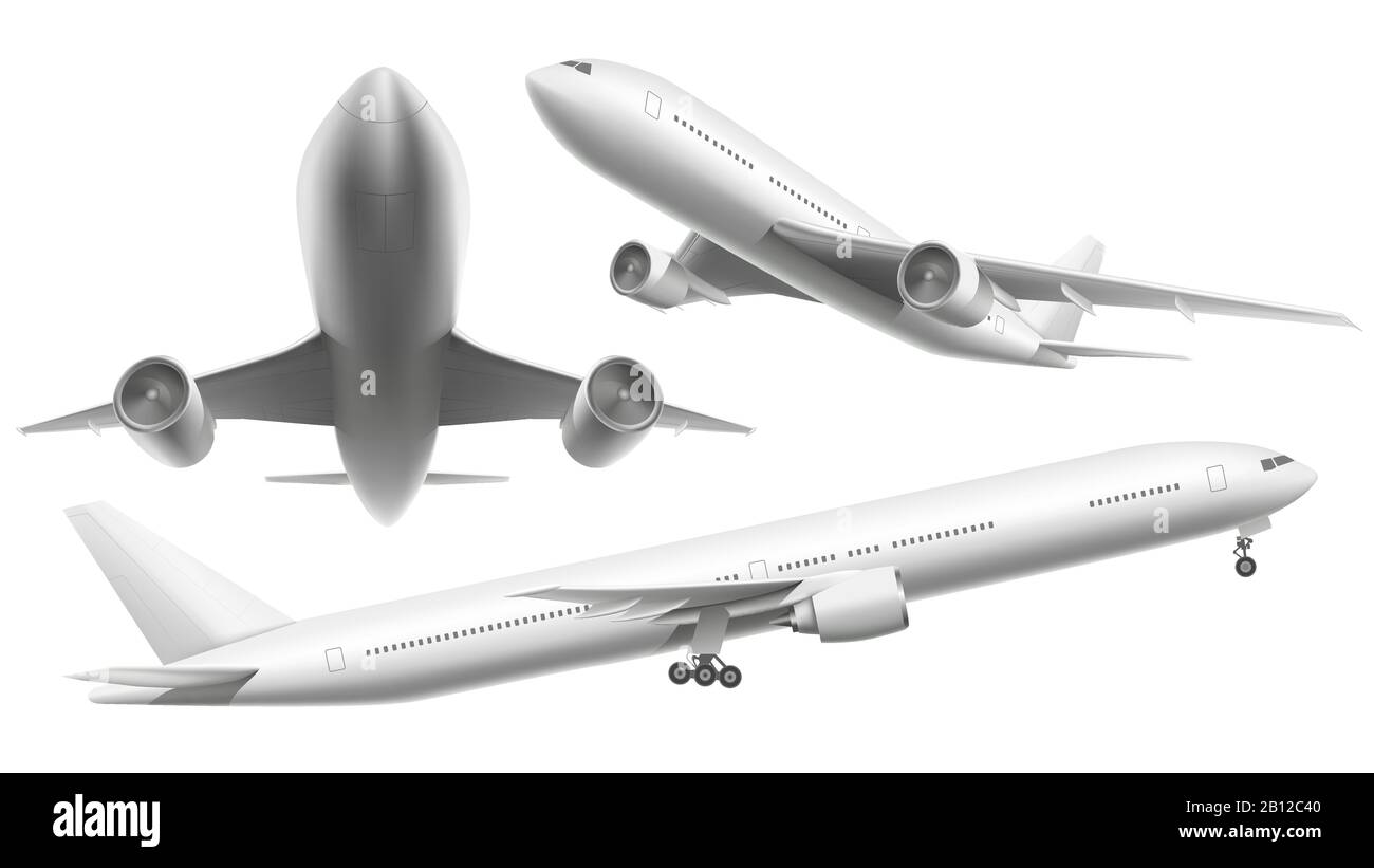 Realistic aircraft. Passenger plane, sky flying aeroplane and airplane in different views isolated vector illustration Stock Vector