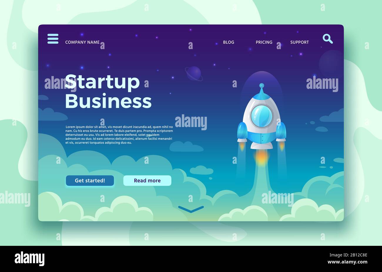 Startup launch landing page. Rocket launch, easy business start and futuristic space travel vector concept illustration Stock Vector